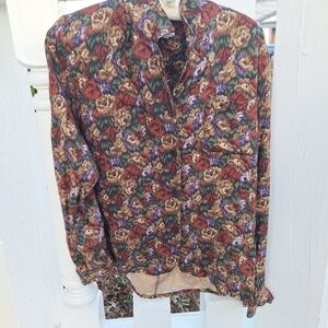 Vintage Paula Saker Shirt Rayon Colorful Print Button Collar Down Long Sleeve